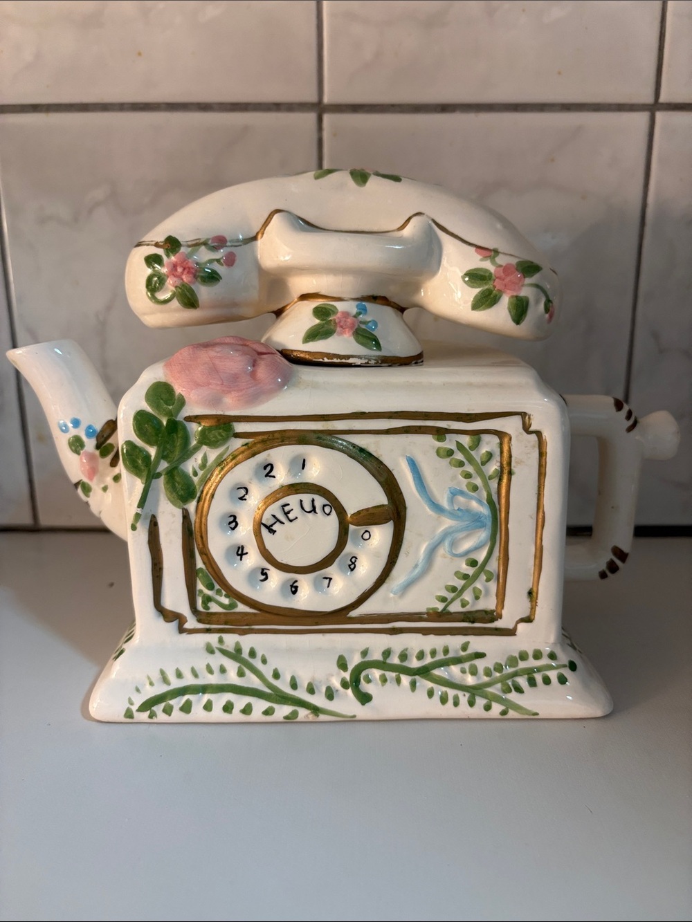 Vintage Floral Ceramic Telephone Teapot - White with Pink & Green